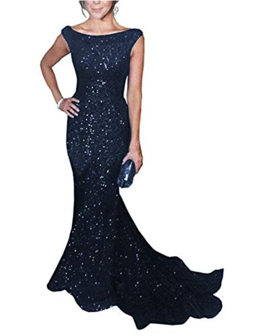 SOLOVEDRESS Women's Mermaid Sequined Formal Evening Dress for Wedding Prom Gown