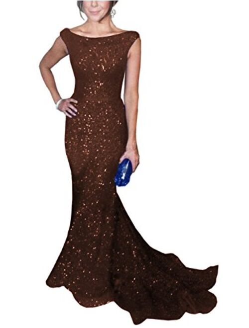 SOLOVEDRESS Women's Mermaid Sequined Formal Evening Dress for Wedding Prom Gown