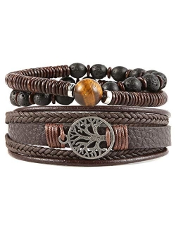 Genuine Leather Tree of life Bracelets Men Women, Tiger Eye Natural Stone Lava Rock Beads Ethnic Tribal Elastic Bracelets Wristbands