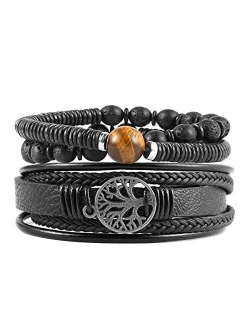 Genuine Leather Tree of life Bracelets Men Women, Tiger Eye Natural Stone Lava Rock Beads Ethnic Tribal Elastic Bracelets Wristbands