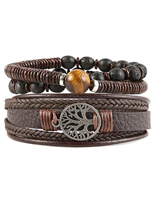 HZMAN Genuine Leather Tree of life Bracelets Men Women, Tiger Eye Natural Stone Lava Rock Beads Ethnic Tribal Elastic Bracelets Wristbands