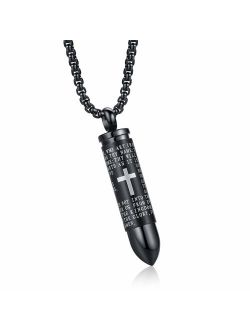 MONIYA Stainless Steel Bullet Pendant Urn Ashes Necklace Cross Lords Prayer in English, 22inch Box Chain