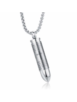 MONIYA Stainless Steel Bullet Pendant Urn Ashes Necklace Cross Lords Prayer in English, 22inch Box Chain