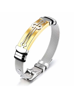 Reizteko Stylish Men's Adjustable Bracelet Cross Stainless Steel Mesh Chain Wrist Band Bracelet