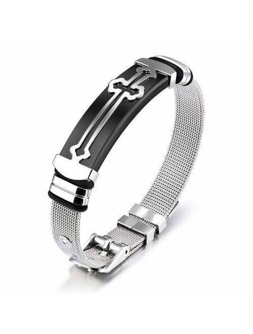 Reizteko Stylish Men's Adjustable Bracelet Cross Stainless Steel Mesh Chain Wrist Band Bracelet