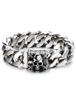 COOLSTEELANDBEYOND Mens Large Stainless Steel Curb Chain Bracelet with Fleur De Lis and Skull, Biker Gothic, Polished