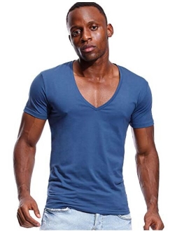 Deep V Neck T Shirt for Men Low Cut Vneck Tee Invisible Tshirt Vee Top Scoop Hem