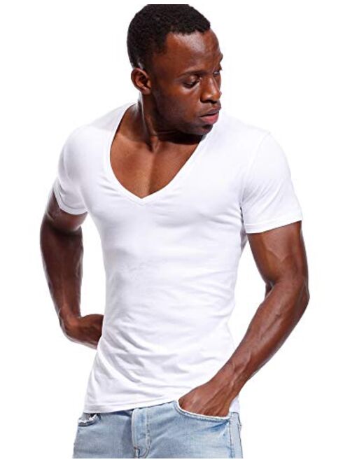 Deep V Neck T Shirt for Men Low Cut Vneck Tee Invisible Tshirt Vee Top Scoop Hem