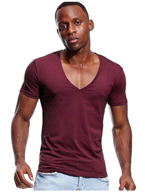 Deep V Neck T Shirt for Men Low Cut Vneck Tee Invisible Tshirt Vee Top Scoop Hem