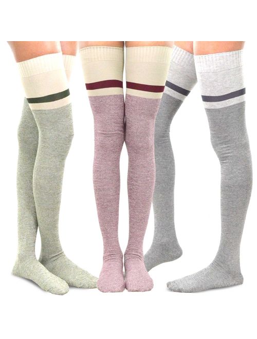 Teehee Women's Fashion Extra Long Cotton Thigh High Socks - 3 Pair Pack