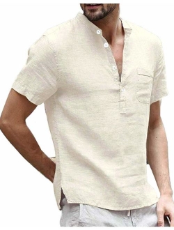 Enjoybuy Mens Linen Henley Shirts Short Sleeve Casual Summer T Shirt Banded Collar Beach Tops