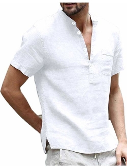 Enjoybuy Mens Linen Henley Shirts Short Sleeve Casual Summer T Shirt Banded Collar Beach Tops