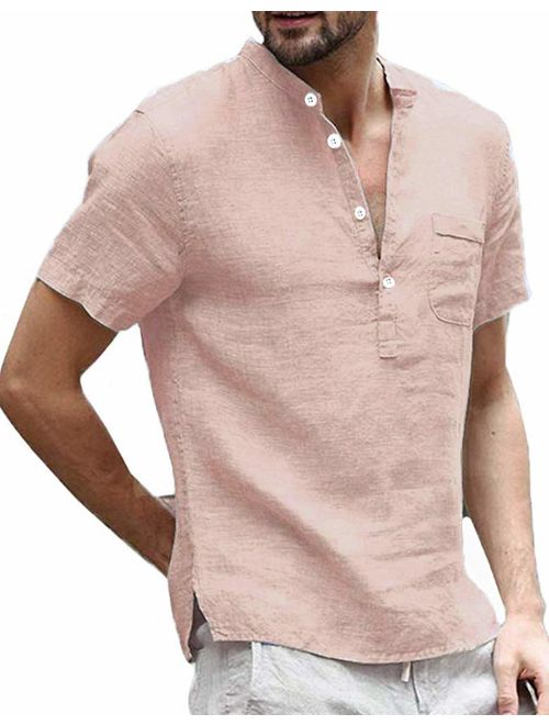 Enjoybuy Mens Linen Henley Shirts Short Sleeve Casual Summer T Shirt Banded Collar Beach Tops