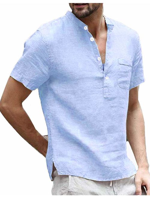 Enjoybuy Mens Linen Henley Shirts Short Sleeve Casual Summer T Shirt Banded Collar Beach Tops