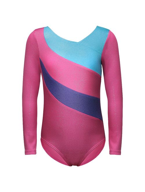 Gymnastics Leotard for Girls Stripe Starry Sky Long Sleeves Athletic Unitard for Little Girls 2-15 Years