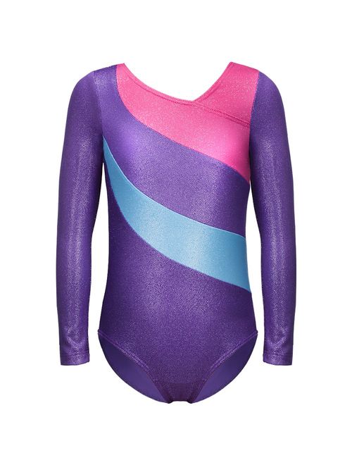 Gymnastics Leotard for Girls Stripe Starry Sky Long Sleeves Athletic Unitard for Little Girls 2-15 Years