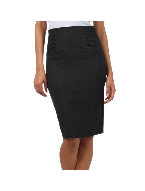 Sakkas Petite High Waist Stretch Pencil Skirt with Shirred Waist Detail