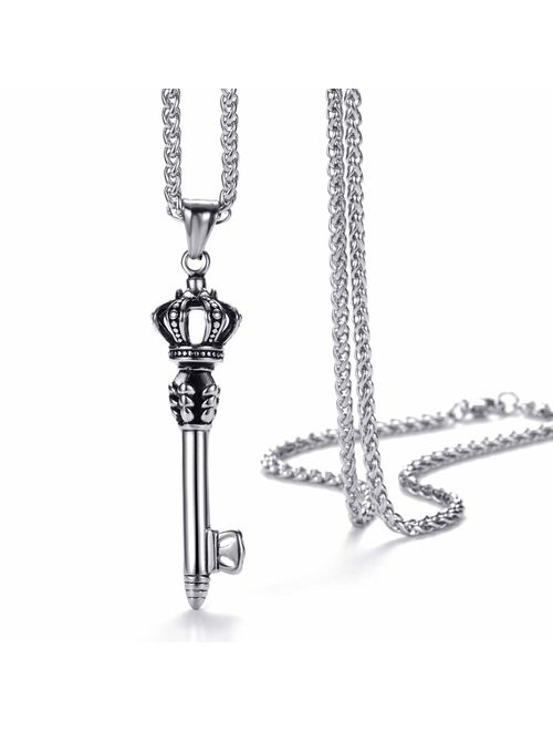 Mens Stainless Steel Crown Key Pendant Necklace with 24 Inches Link Chain