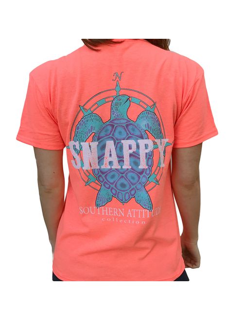 Southern Attitude Nautical Compass Snappy Turtle Heather Coral Short Sleeve T-Shirt