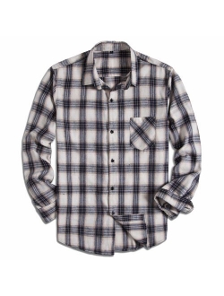 PIZZ ANNU Men's 100% Cotton Long Sleeve Plaid Fleece Shirt Button Up Flannel Shirt