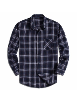 PIZZ ANNU Men's 100% Cotton Long Sleeve Plaid Fleece Shirt Button Up Flannel Shirt