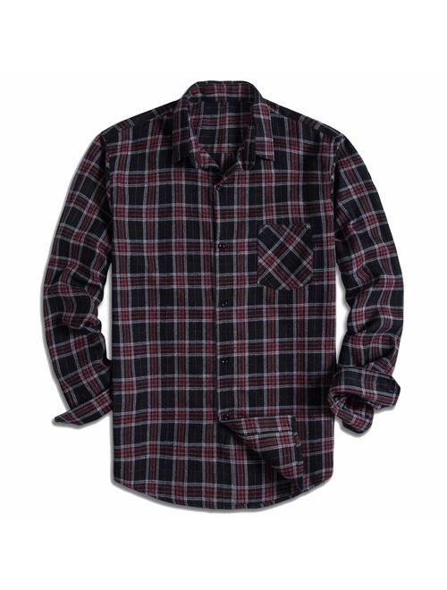 PIZZ ANNU Men's 100% Cotton Long Sleeve Plaid Fleece Shirt Button Up Flannel Shirt