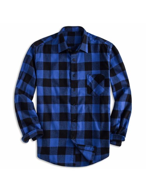 PIZZ ANNU Men's 100% Cotton Long Sleeve Plaid Fleece Shirt Button Up Flannel Shirt