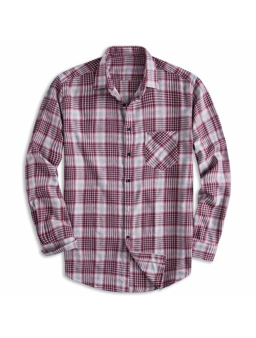 PIZZ ANNU Men's 100% Cotton Long Sleeve Plaid Fleece Shirt Button Up Flannel Shirt