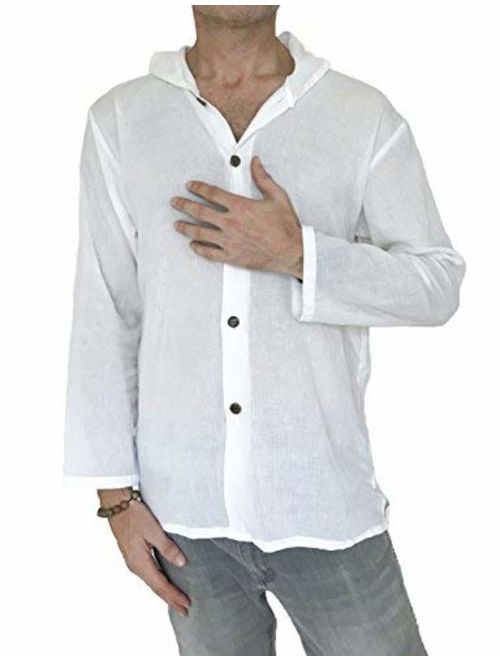 Men's Hoodie Button Down Hippie Shirts Beach 100% Soft Cotton Top Yoga Shirt