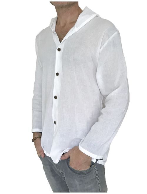 Men's Hoodie Button Down Hippie Shirts Beach 100% Soft Cotton Top Yoga Shirt