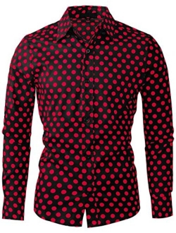 uxcell Men Polka Dots Long Sleeve Slim Fit Printed Dress Button Down Shirt