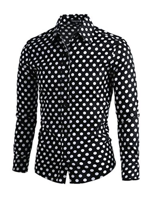 uxcell Men Polka Dots Long Sleeve Slim Fit Printed Dress Button Down Shirt