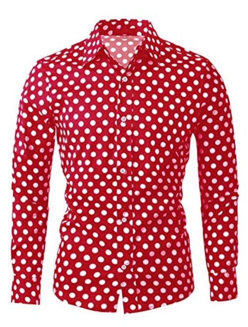 uxcell Men Polka Dots Long Sleeve Slim Fit Printed Dress Button Down Shirt