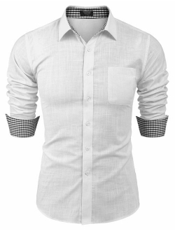 Men's Regular-Fit Short-Sleeve Solid Linen Cotton Shirt Casual Button Down Beach Shirt