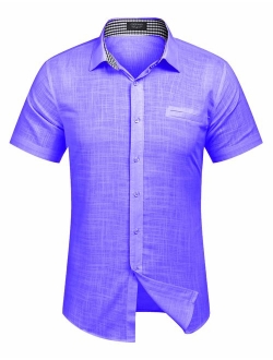 Men's Regular-Fit Short-Sleeve Solid Linen Cotton Shirt Casual Button Down Beach Shirt