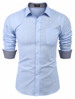 Men's Regular-Fit Short-Sleeve Solid Linen Cotton Shirt Casual Button Down Beach Shirt