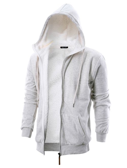 GIVON Mens Slim Fit Long Sleeve Thermal Faux Fur Zip-up Hoodie with Kanga Pocket