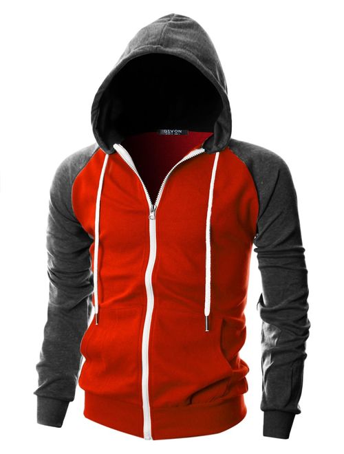 GIVON Mens Slim Fit Long Sleeve Lightweight Raglan Zip-up Hoodie with Kanga Pocket