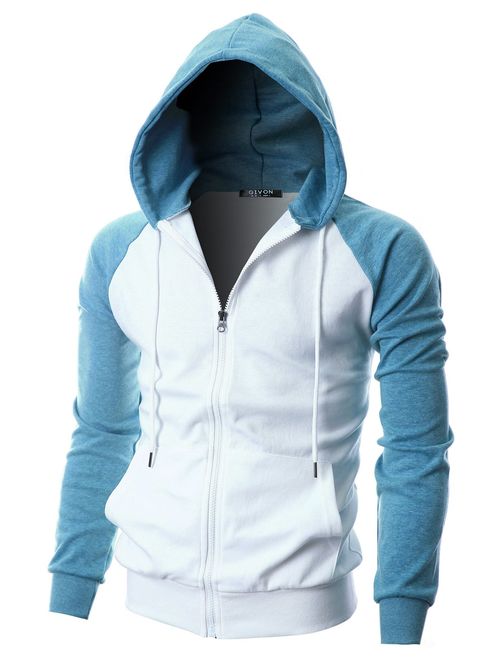 GIVON Mens Slim Fit Long Sleeve Lightweight Raglan Zip-up Hoodie with Kanga Pocket