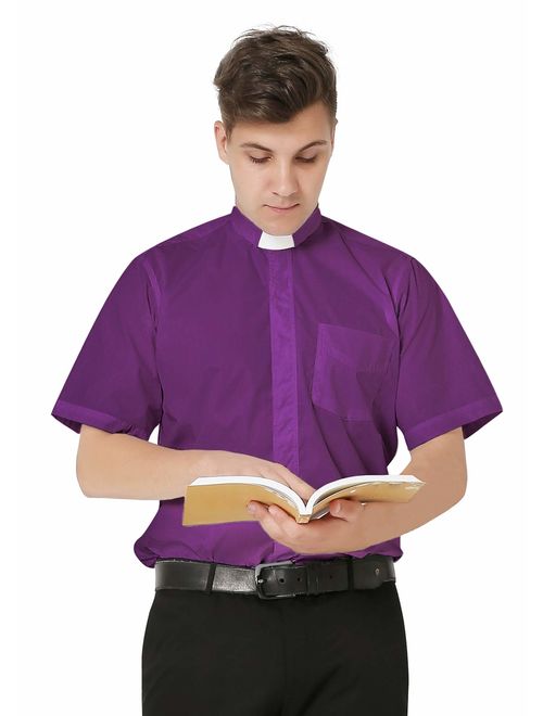 Ivyrobes Men's Short Sleeves Tab Collar Clergy Shirt - Black White Purple