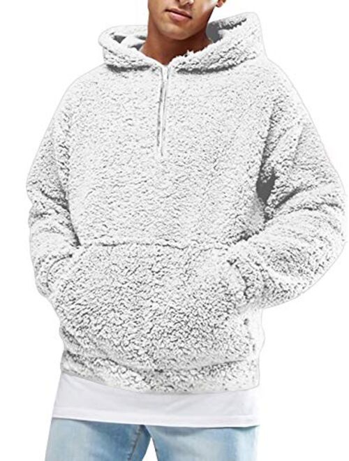 Runcati Mens Fuzzy Sherpa Pullover Fluffy Men Hoodie Sweatshirts Long Sleeve Sport Front Pocket Fall Outwear Winter Hooded