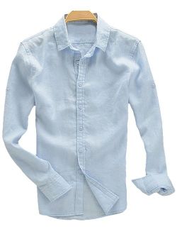 Youhan Men's Long Sleeve Fitted Linen Shirt