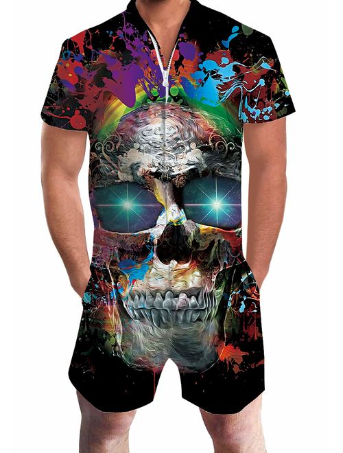 AIDEAONE Mens Casual 3D Printed Short Sleeve Rompers Zip Jumpsuit with Pocket S-XXL