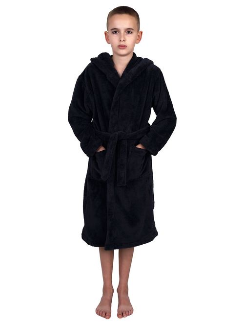 TowelSelections Boys Robe, Kids Plush Hooded Fleece Bathrobe