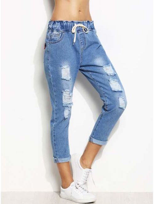 Distressed Rolled Hem Drawstring Boyfriend Jeans