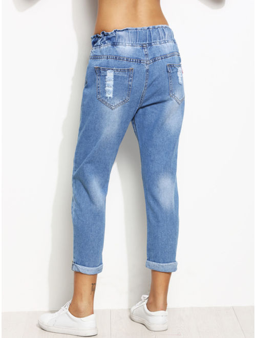 Distressed Rolled Hem Drawstring Boyfriend Jeans