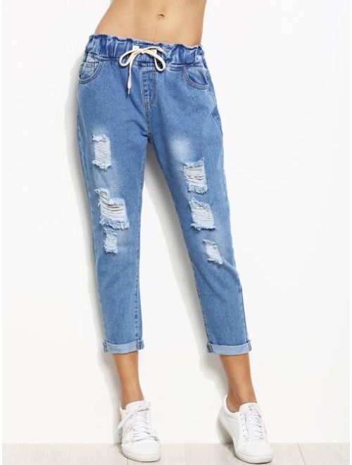 Distressed Rolled Hem Drawstring Boyfriend Jeans