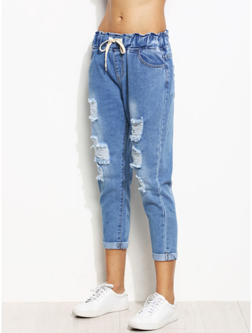 Distressed Rolled Hem Drawstring Boyfriend Jeans