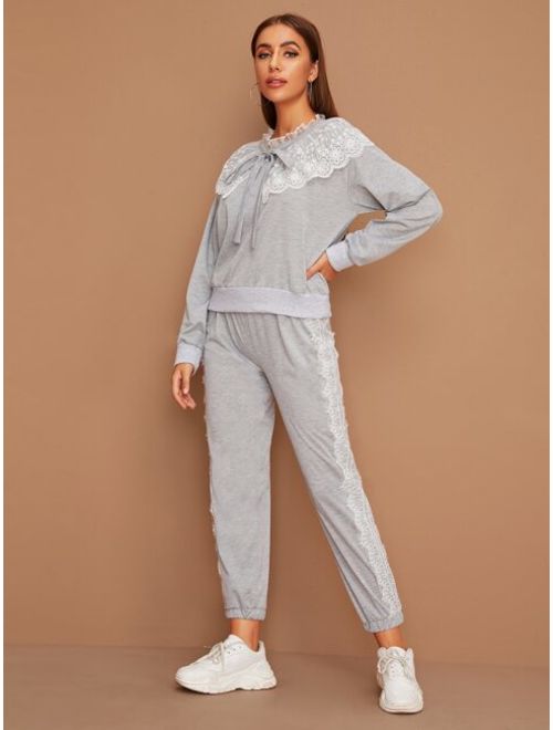 Buy Lace Panel Tie Neck Sweatshirt & Sweatpants Set online | Topofstyle