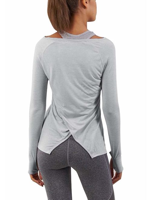 Bestisun Women's Workout Long Sleeve Shirts Activewear Exercise Tops Yoga Sports Clothes with Thumb Holes